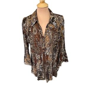 New York City Design Co Brown Floral‎ Paisley Crinkle Shirt Size 2X Blouse Retro